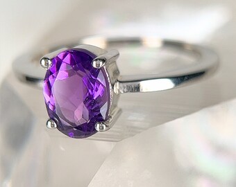 Amethyst Ring Sterling Silver Size 6 - Purple Natural Faceted Crystal Round Cut Solitaire Genuine Gemstone 8mm - February Birthstone