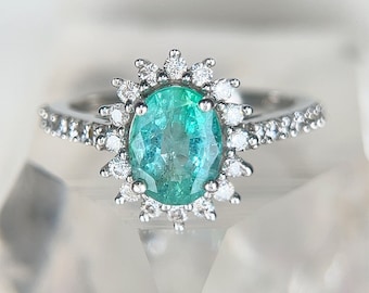 Anello con smeraldo naturale - Halo in argento sterling ovale, taglia 7 (1,4 ct) Art Deco Vittoriano Fidanzamento Anniversario Promessa Regalo per lei