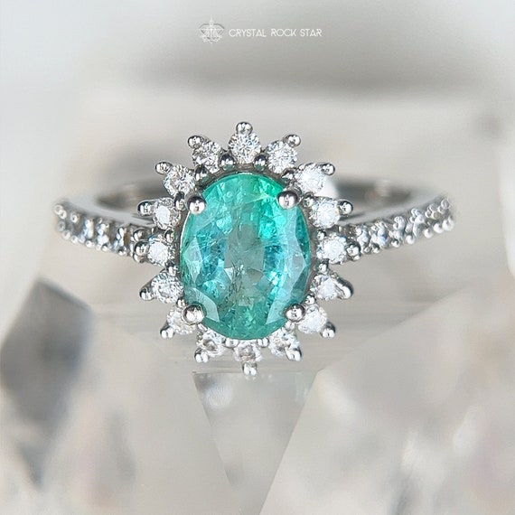 Natural Emerald Ring - Halo Sterling Silver Oval, Size 7 (1.4ct) Art Deco Victorian Engagement Anniversary Promise Gift for Her