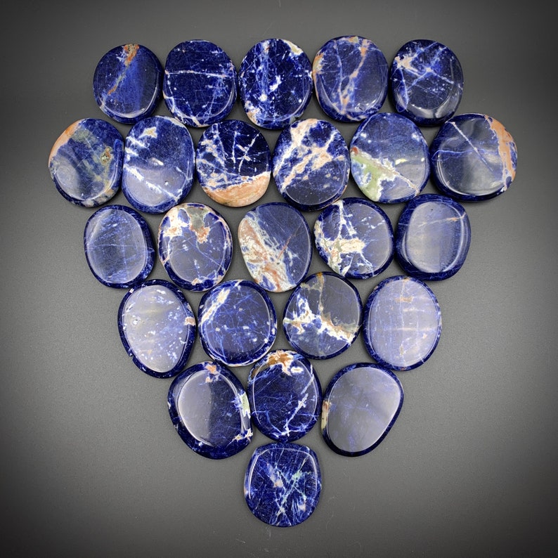 Sodalite Oval Palm Stone Polished Flat Crystal - Premium Deep Blue Lazulite and White Vein Calcite Inclusions - Hematite Inclusions  - Ethically Mined Collector Crystals