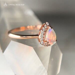 Rainbow Opal Ring, Rose Gold Sterling Silver, Pear Halo Solitaire, Faceted Genuine Natural Crystal, October Birthstone Gemstone Size 5 6 7 8 - CrystalRockStar California