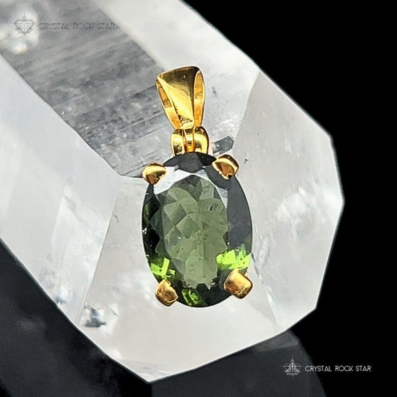 Genuine Moldavite Gold Pendant & Optional Greenland Nuummite Empath Protection Stone Set - Faceted Oval Cut Green Tektite