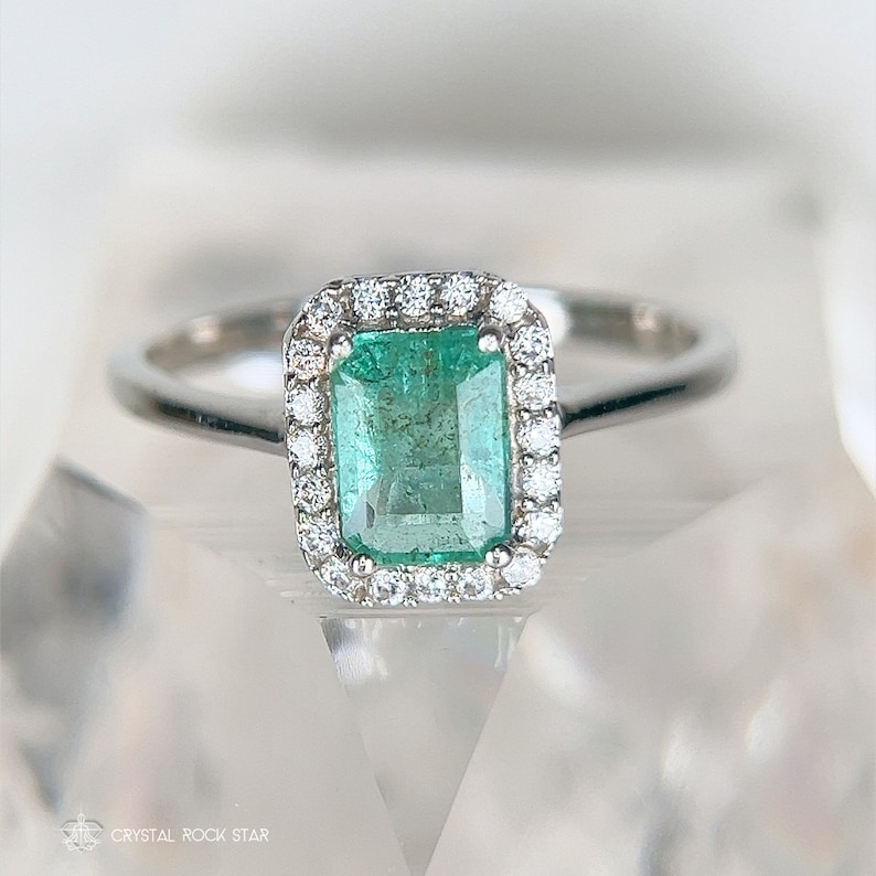 Emerald Halo Silver Ring Size 8, 1.1ct Colombian Emerald Gemstone, Genuine Natural May Birthstone Ring, Engagement Ring, Taurus Promise Ring - CrystalRockStar Los Angeles California