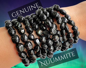 Genuine Nuummite Stretch Bracelet: Rare 3 Billion Years Old Greenland Stone, Empath Protection, Chunky Large Nugget Beads