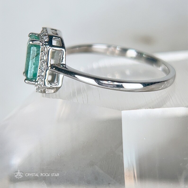 Columbian Emerald Halo Sterling Silver Ring 1.1ct - Size 8 - Emerald Cut Genuine Natural May Birthstone 7x5mm - Engagement Gift for Her - - CrystalRockStar Los Angeles California
