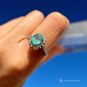 Columbian Emerald Star Halo Sterling Silver Ring Size 7 - Oval Cut Genuine Natural May Birthstone - Engagement - Pave Band - 1.4ct 7x5mm - CrystalRockStar Los Angeles California