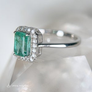 Columbian Emerald Halo Sterling Silver Ring 1.1ct - Size 8 - Emerald Cut Genuine Natural May Birthstone 7x5mm - Engagement Gift for Her - - CrystalRockStar Los Angeles California