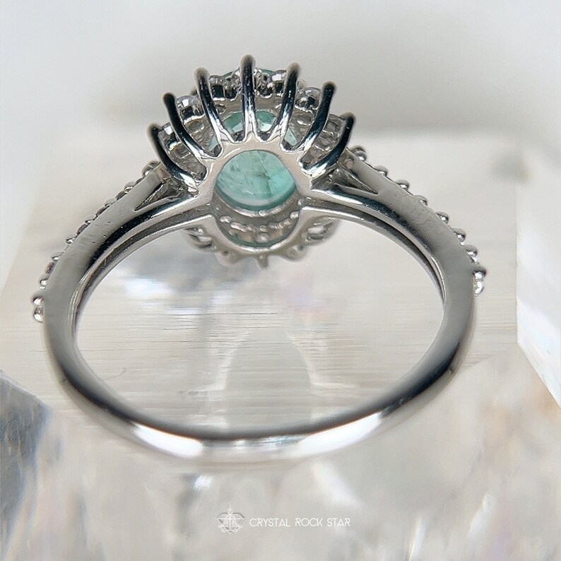 Columbian Emerald Star Halo Sterling Silver Ring Size 7 - Oval Cut Genuine Natural May Birthstone - Engagement - Pave Band - 1.4ct 7x5mm - CrystalRockStar Los Angeles California
