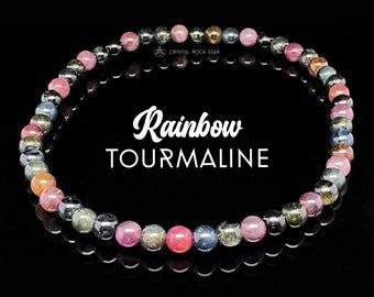 Rainbow Tourmaline Stretch Bracelet, Watermelon Verdelite Dravite Indicolite Pink Black Tourmaline Round 3mm, 4mm, 5mm, 6mm Crystal Beads