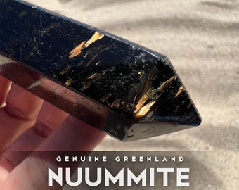Nuummite Point Wand 3.5" Gold Flash Greenland Stone Standing Tower Obelisk, 3 Billion Years Old Empath Protection, Past Life Meditation Gift
