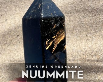 Nuummite Point Wand 3.7" Premium Gold Flash Greenland Stone Tower Obelisk, 3 Billion Years Old Empath Protection Energy Clearing Meditation