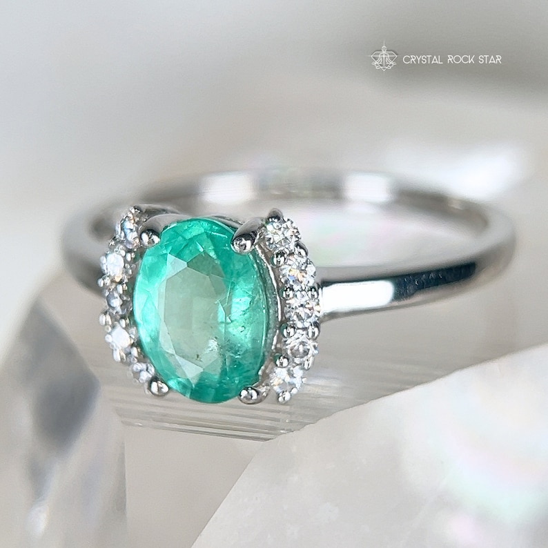 Genuine Emerald Ring Sterling Silver, 8x6mm Size 5 6 8, Natural May Birthstone 1.1 ct, Oval Engagement Ring, Colombian Emerald Ring, CZ Accents, CrystalRockStar Los Angeles, California Womens Jewerly Gifts
