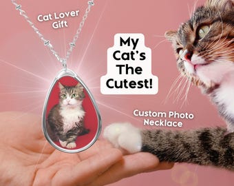 Personalized Cat Photo Necklace - Custom Pet Lover Portrait Pendant - Memorial Jewelry