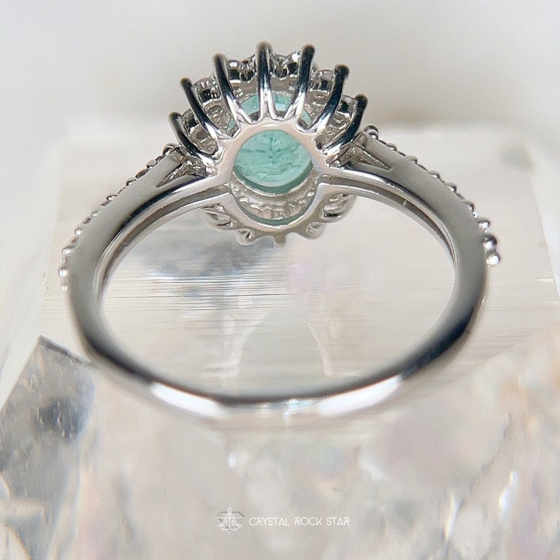 Columbian Emerald Star Halo Sterling Silver Ring Size 7 - Oval Cut Genuine Natural May Birthstone - Engagement - Pave Band - 1.4ct 7x5mm - CrystalRockStar Los Angeles California