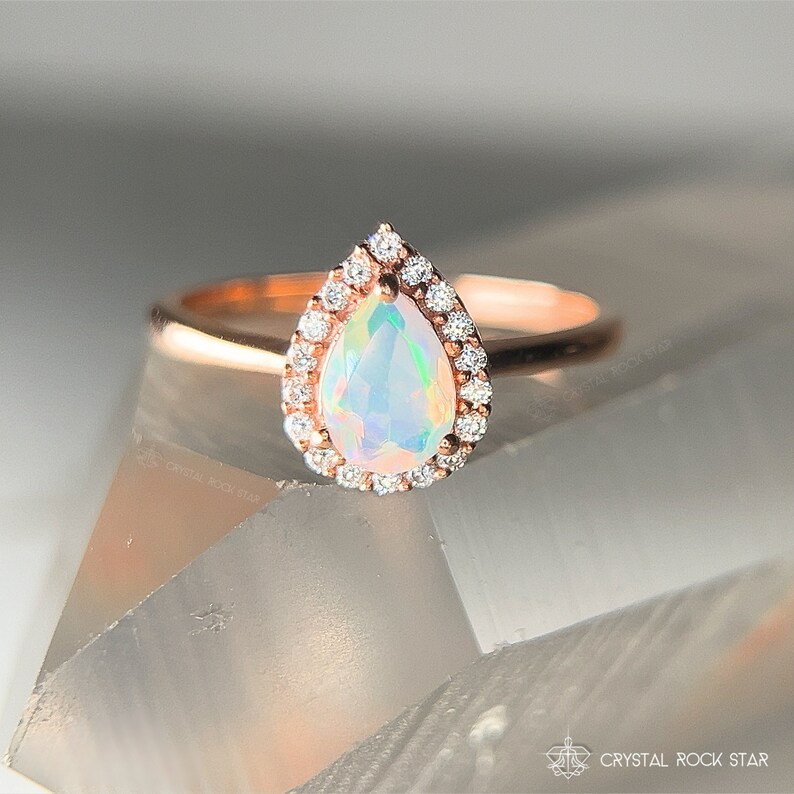 Rainbow Opal Ring, Rose Gold Sterling Silver, Pear Halo Solitaire, Faceted Genuine Natural Crystal, October Birthstone Gemstone Size 5 6 7 8 - CrystalRockStar California