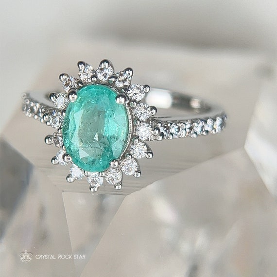 Natural Emerald Halo Ring - Sterling Silver, Oval May Birthstone Size 7,  Starseed Crystal Manifestation Energy Clearing Jewelry