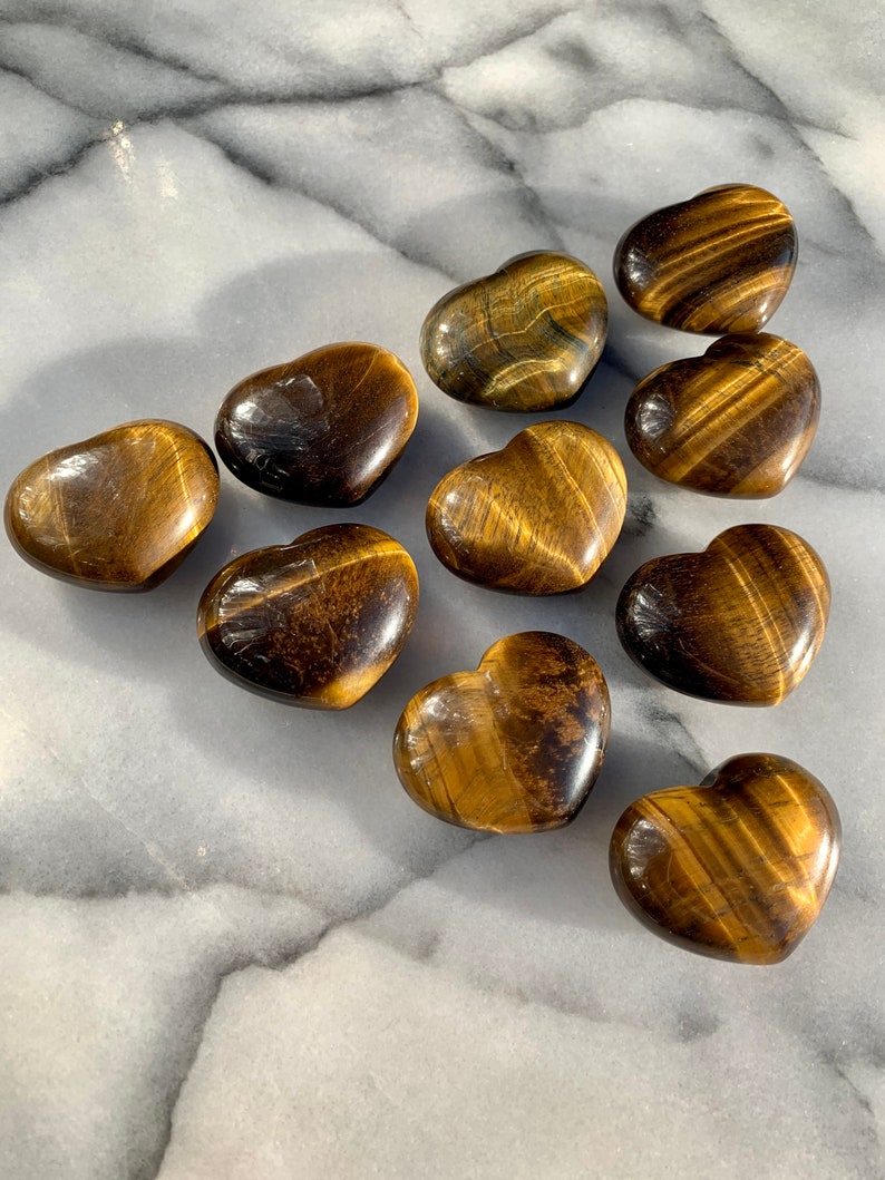 Tiger Eye Heart Palm Stone Grid - Golden Solar Plexus and Root Chakra Meditation Crystal for Empowerment and Prosperity - Chunky 1.7 Inches - Crystal Rock Star California Shop