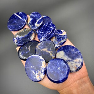 Sodalite Oval Palm Stone Polished Flat Crystal - Premium Deep Blue Lazulite and White Vein Calcite Inclusions - Hematite Inclusions  - Ethically Mined Collector Crystals