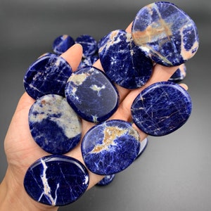 Sodalite Oval Palm Stone Polished Flat Crystal - Premium Deep Blue Lazulite and White Vein Calcite Inclusions - Hematite Inclusions  - Ethically Mined Collector Crystals