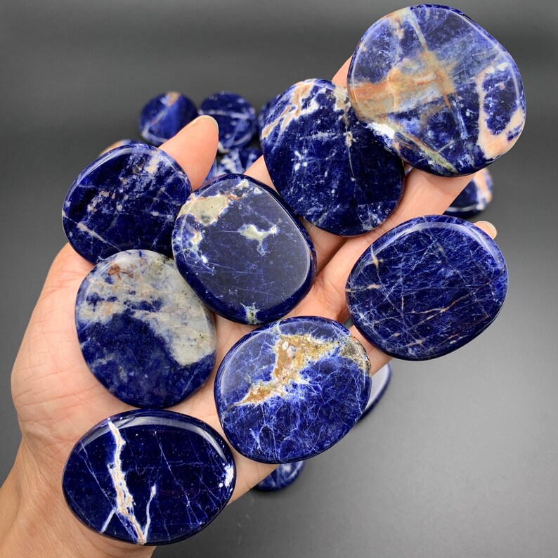 Sodalite Oval Palm Stone Polished Flat Crystal - Premium Deep Blue Lazulite and White Vein Calcite Inclusions - Hematite Inclusions  - Ethically Mined Collector Crystals