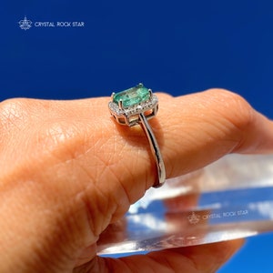 Columbian Emerald Halo Sterling Silver Ring 1.1ct - Size 8 - Emerald Cut Genuine Natural May Birthstone 7x5mm - Engagement Gift for Her - - CrystalRockStar Los Angeles California