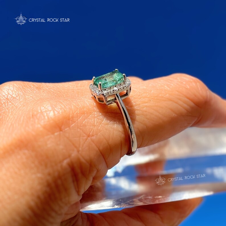 Columbian Emerald Halo Sterling Silver Ring 1.1ct - Size 8 - Emerald Cut Genuine Natural May Birthstone 7x5mm - Engagement Gift for Her - - CrystalRockStar Los Angeles California
