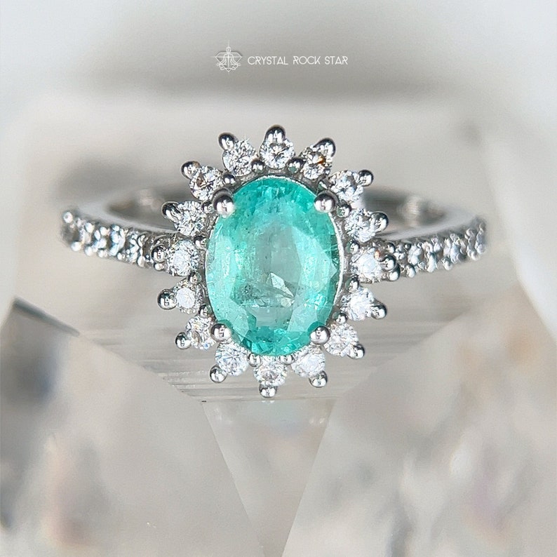 Columbian Emerald Star Halo Sterling Silver Ring Size 7 - Oval Cut Genuine Natural May Birthstone - Engagement - Pave Band - 1.4ct 7x5mm - CrystalRockStar Los Angeles California