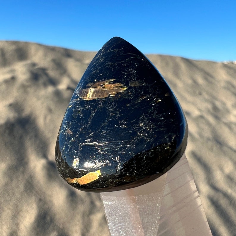 Greenland Nuummite Teardrop Pear Cabochon with Gold & Bronze Flashes - Genuine Rare Crystal - Flat Palm Stone Tumbled Alternative - CrystalRockStar CA