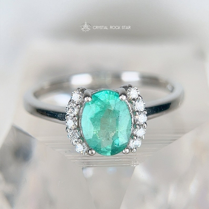 Genuine Emerald Ring Sterling Silver, 8x6mm Size 5 6 8, Natural May Birthstone 1.1 ct, Oval Engagement Ring, Colombian Emerald Ring, CZ Accents, CrystalRockStar Los Angeles, California Womens Jewerly Gifts