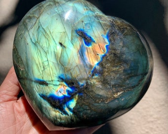 Rainbow Labradorite Worry Stone Heart 3lbs 5.2 Inch - Starseed Empath Aura Cleansing Clearing Chakra Balancing Protection Crystal Gift