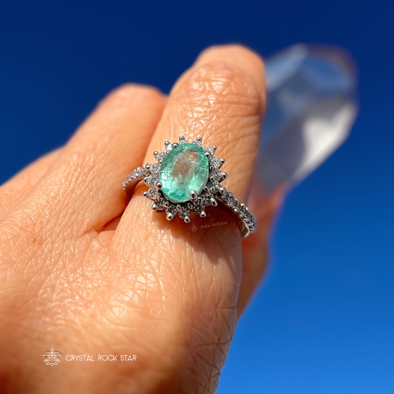 Columbian Emerald Star Halo Sterling Silver Ring Size 7 - Oval Cut Genuine Natural May Birthstone - Engagement - Pave Band - 1.4ct 7x5mm - CrystalRockStar Los Angeles California