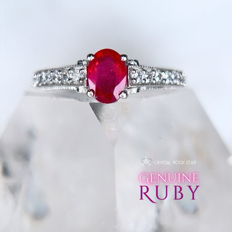 Genuine Ruby Sterling Silver Ring Size 7 8 9 - Oval Faceted July Birthstone, Art Deco Cathedral Euro Filigree Ring, Anniversary Engagement - CZ Accents - CrystalRockStar California