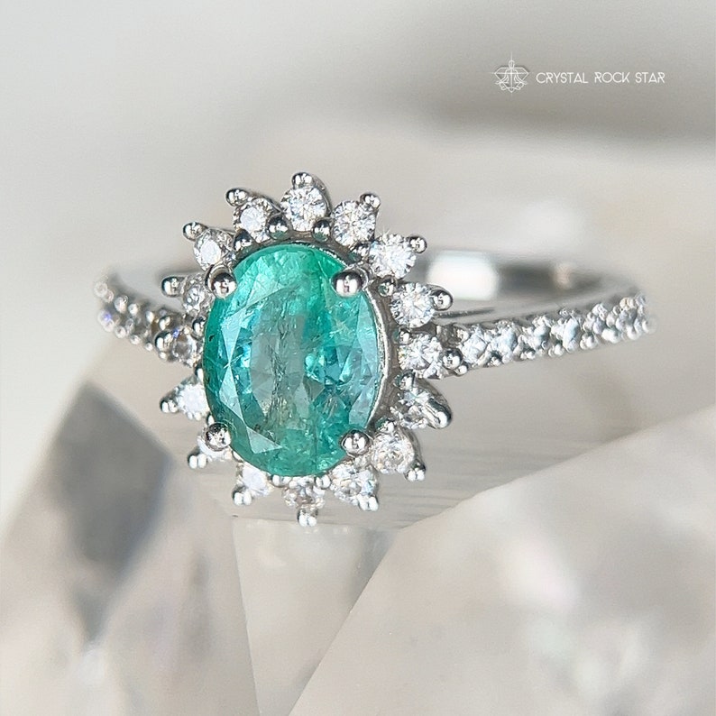 Columbian Emerald Star Halo Sterling Silver Ring Size 7 - Oval Cut Genuine Natural May Birthstone - Engagement - Pave Band - 1.4ct 7x5mm - CrystalRockStar Los Angeles California