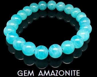 Gem Amazonite Bracelet, A Grade Aqua Turquoise Blue Heart Throat Chakra Crystal 7" 9mm Round Beads Stretch, Yoga Jewelry Gift for Her