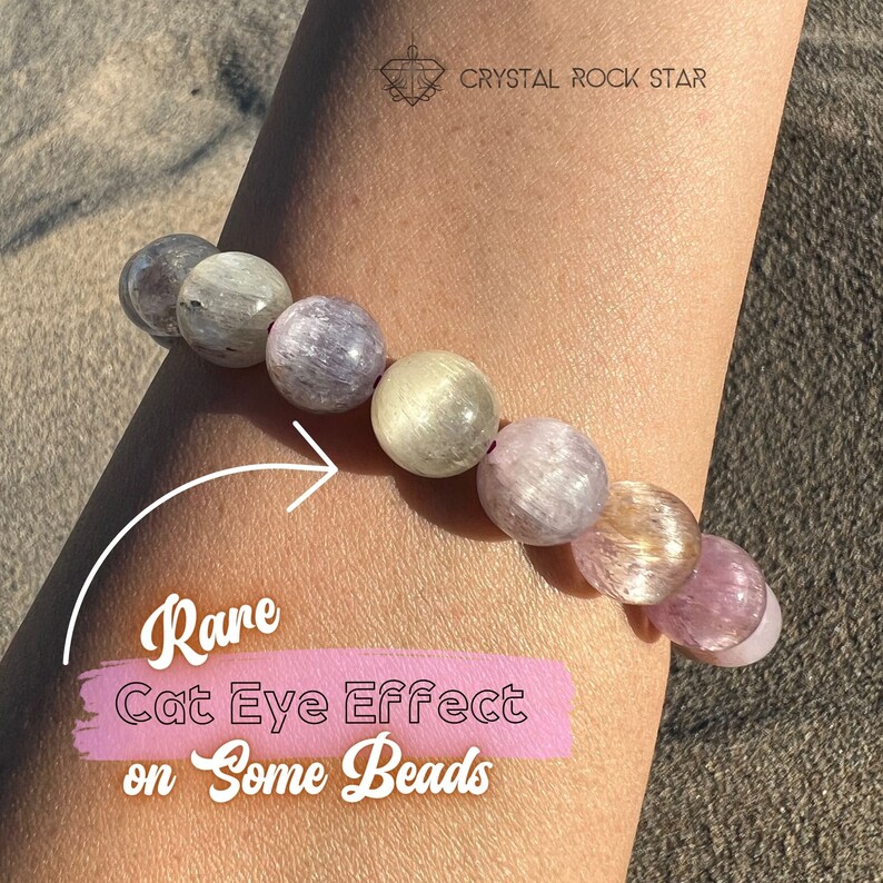 Kunzite Crystal Bracelet, Semi-Translucent Cat Eye Kunzite Bead Stretch Bracelet, Rare Cat Eye Effect, Unique Gifts for Her, 10mm Champagne and Cotton Candy Pink Beads, CrystalRockStar California - Stone for Self Love Breast Cancer Survivor