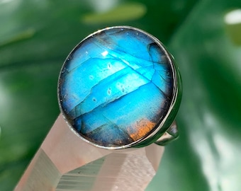 Blue Moon Labradorite Adjustable Sterling Silver Statement Ring - Full Circle Glow Flashy Round Crystal - Celestial Astrology Jewelry