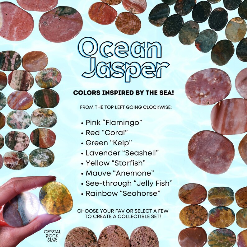 Ocean Jasper Crystal Sea Collection - Pink Red Green Lavender Yellow Mauve Semi-Translucent Rainbow - Flat Polished Palm Stones - Crystal Rock Star California