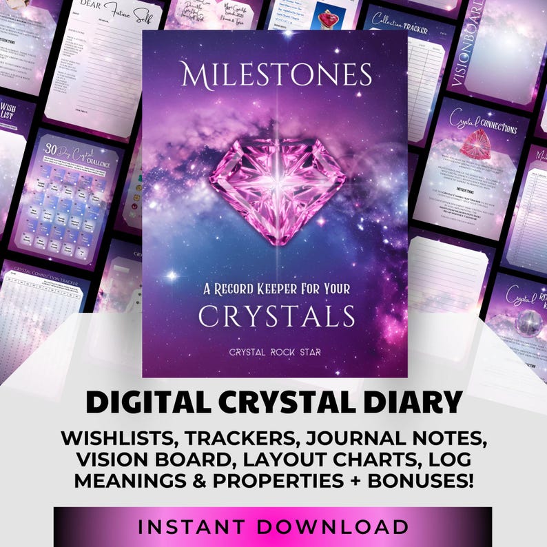 Crystal Collector Journal PDF – Gem Tracking & Properties Logbook, Digital Diary, Metaphysical Meanings, Pink Celestial Meditation Planner - Wishlist Tracker Stationary Blank Notes, Vision Board, Layout Charts, Legacy Collection Will Pages for Jewelry - CrystalRockStar Instant Download