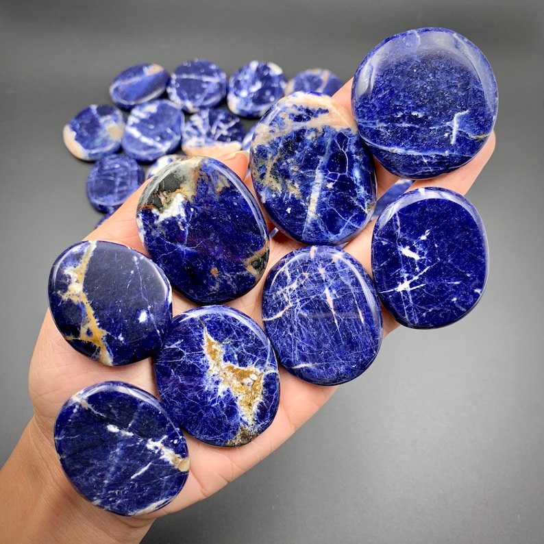 Sodalite Oval Palm Stone Polished Flat Crystal - Premium Deep Blue Lazulite and White Vein Calcite Inclusions - Hematite Inclusions