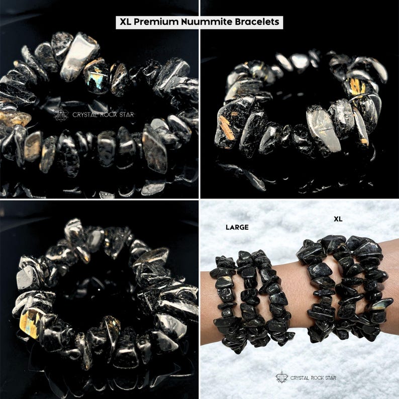 Genuine Nuummite Chip Bracelet: Rare Collectible 3 Billion Years Old Greenland Stone, Empath Protection - Chip Nugget Crystal Beaded Stretch Bracelet - CrystalRockStar Los Angeles California - Gold Bronze Blue Flashes Flashy Inclusions - Large and XL Premium Example Photos