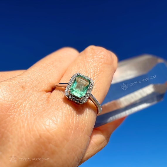 Natural Emerald Halo Ring - Sterling Silver, Emerald Cut Solitaire, Vintage Art Deco, Size 8, Starseed Jewelry Gift for Her