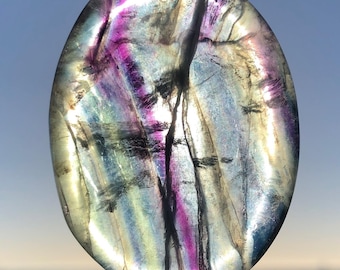 Rainbow Fluorite - Crystal for Focus & Removing Worries - Meditation Palm Stone - Polished Oval 2" - Indented Concave Shape