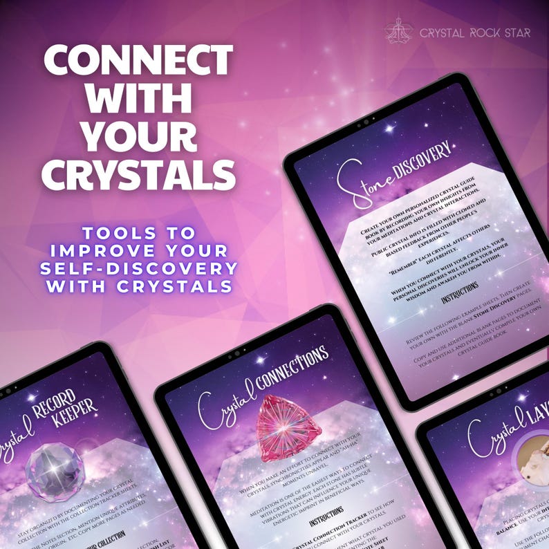 Connect with Your Crystals - Tools to Improve Your Self-Discovery with Crystals - Stone Discovery Custom Crystal Meanings Book - Crystal Meditation Connection Record Keeper - Crystal Layouts Charts for Crystal Practitioners - Crystal Collector Journal PDF – Gem Tracking & Properties Logbook, Digital Diary, Metaphysical Meanings, Pink Celestial Meditation Planner