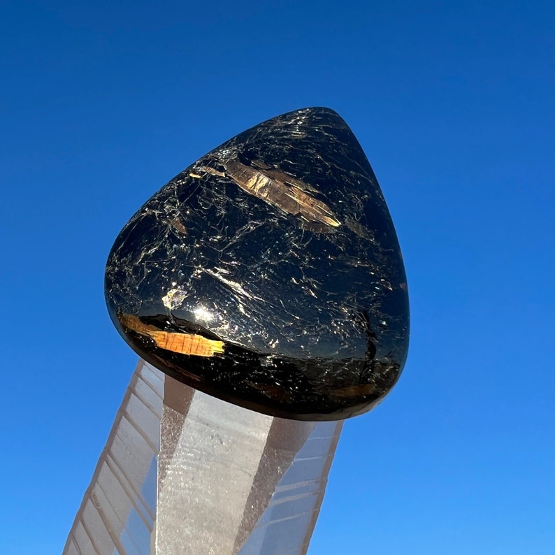 Greenland Nuummite Teardrop Pear Cabochon with Gold & Bronze Flashes - Genuine Rare Crystal - Flat Palm Stone Tumbled Alternative - CrystalRockStar California