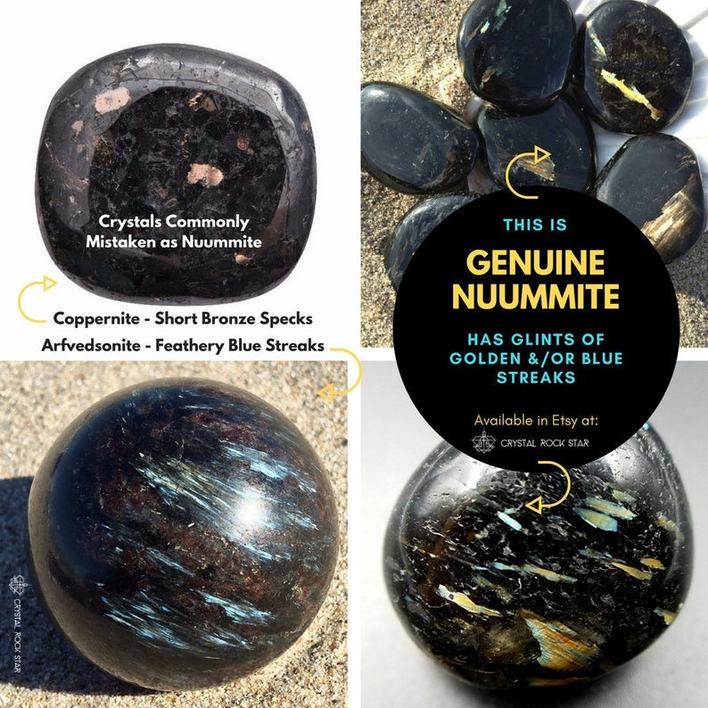 Nuummite CrystalRockStar Infographic - 3 Billion Year Old Genuine Greenland Sorceror's Stone - Grounding Empath Protection - Comparison with Coppernite and Arfvedsonite Crystals