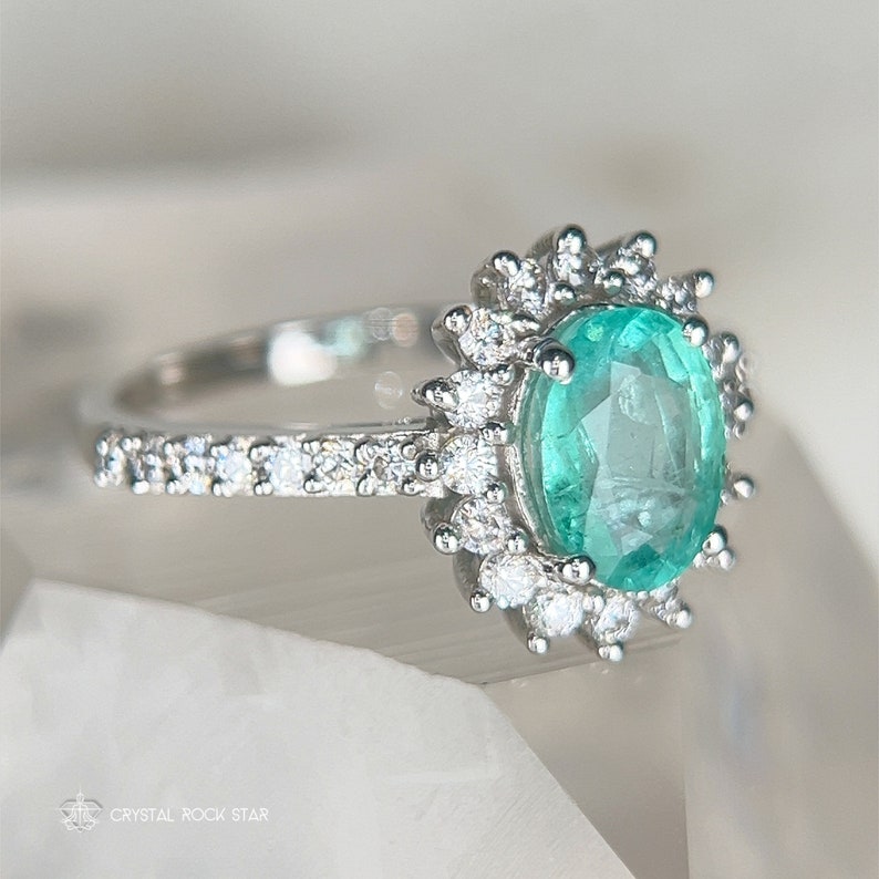 Columbian Emerald Star Halo Sterling Silver Ring Size 7 - Oval Cut Genuine Natural May Birthstone - Engagement - Pave Band - 1.4ct 7x5mm - CrystalRockStar Los Angeles California