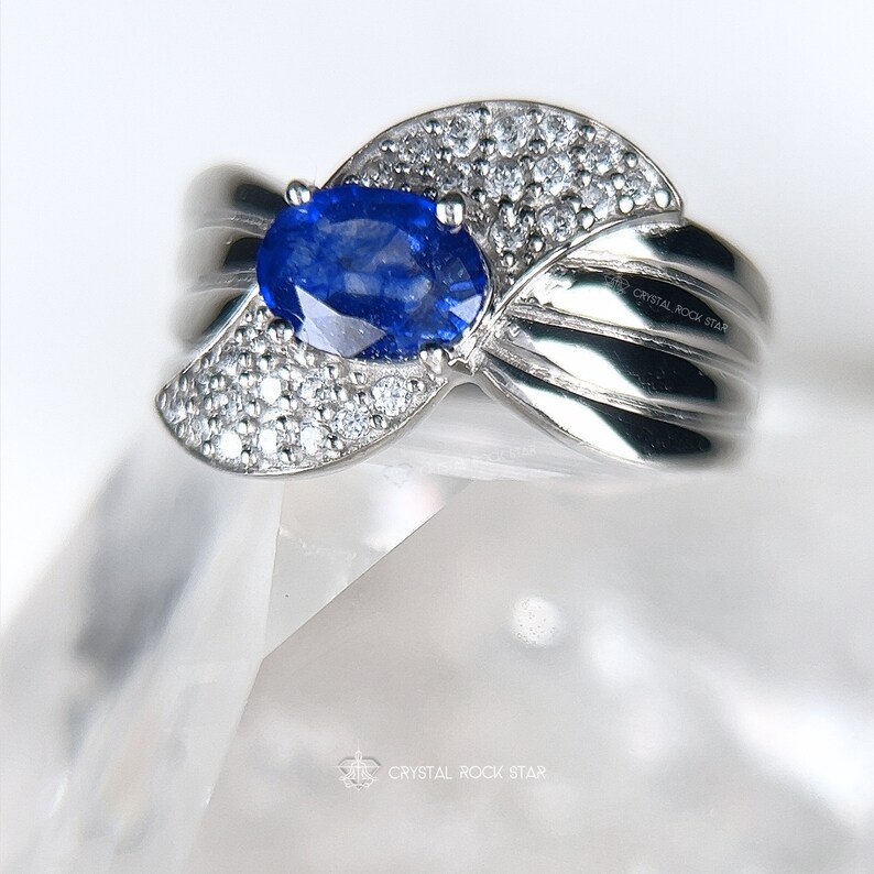 Genuine Blue Sapphire Silver Ring - Size 7 and 8 - Oval Natural September Birthstone - CZ Pave Crossover Twist Wide Band Anniversary Engagement - CrystalRockStar Los Angeles California