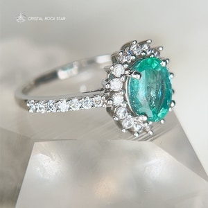 Columbian Emerald Star Halo Sterling Silver Ring Size 7 - Oval Cut Genuine Natural May Birthstone - Engagement - Pave Band - 1.4ct 7x5mm - CrystalRockStar Los Angeles California