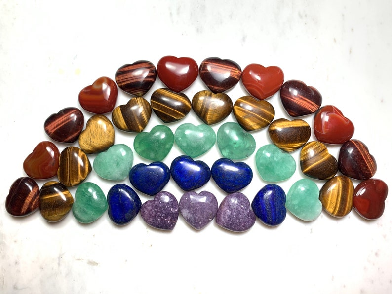 Rainbow Heart Palm Stone Grid - Crystal Meditation Set Kit Chunky 1.7 Inches - Crystal Rock Star California Shop - Red Tiger Eye - Green Fluorite - Lapis Lazuli - Lepidolite - Carnelian