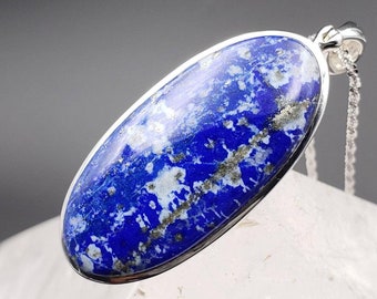 2,3" lapis lazuli-hanger: grote ovale empathische beschermingsketting, pyrietcalciet, sterlingzilver